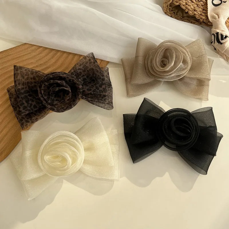 Elegant Mesh Rose Flower Hair Clips for Women Bow Leopard Print Spring Clip Ponytail Holder Barrette Fashion Hair Accessories