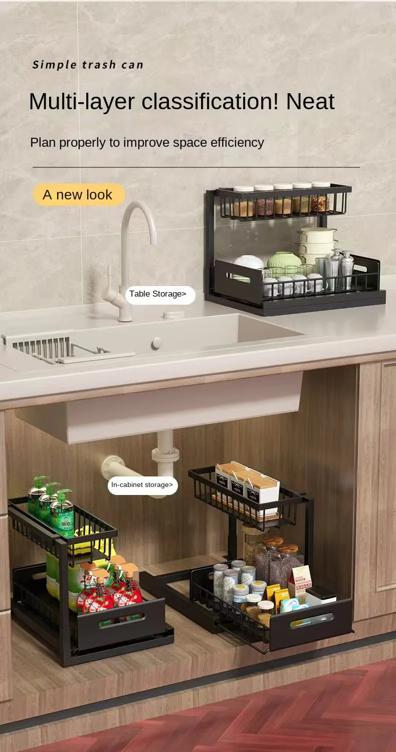 Kitchen sink cabinet organizer, multi-functional layered shelf, seasoning drawer, pull-out storage rack