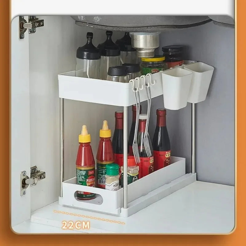 Under Sink Organizer Sliding Cabinet Basket Organizer Storage Rack with Hooks Hanging Cup Bathroom Kitchen Organizer