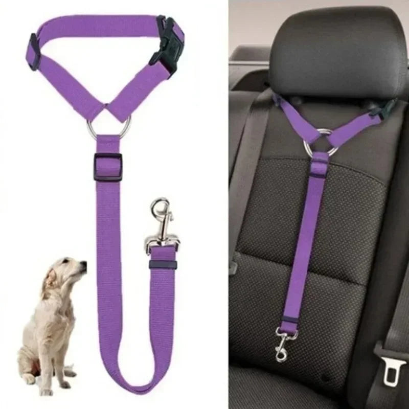 Adjustable Solid Color Pet Car Seat Belt Two-in-One Nylon Lead Leash Backseat Safety Harness Collar for Dogs Pet Travel Accessor