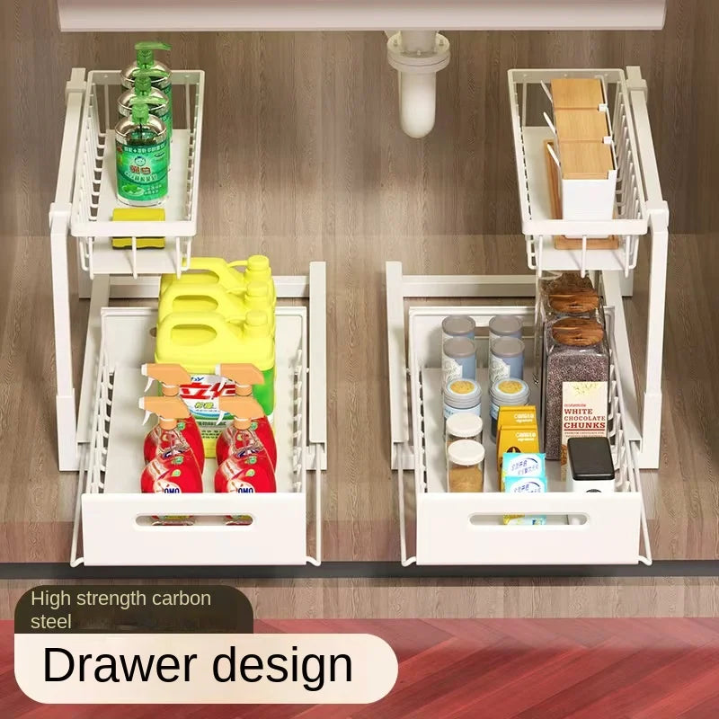 Kitchen sink cabinet organizer, multi-functional layered shelf, seasoning drawer, pull-out storage rack