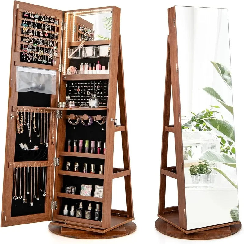 Jewelry Armoire with Full Length Mirror, 63.5" H, 360° Swivel, Rear Storage Shelves
