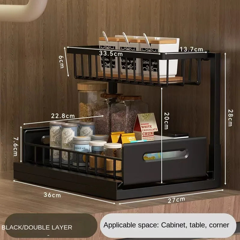 Kitchen sink cabinet organizer, multi-functional layered shelf, seasoning drawer, pull-out storage rack