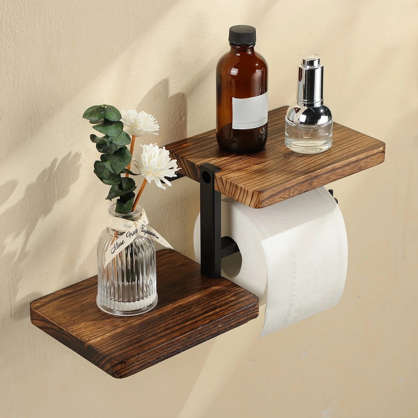 1 Wooden Wall Mounted Toilet Paper Holder Hanging Tissue Roll Dispenser, Iron Tissue Holder Bathroom Accessories