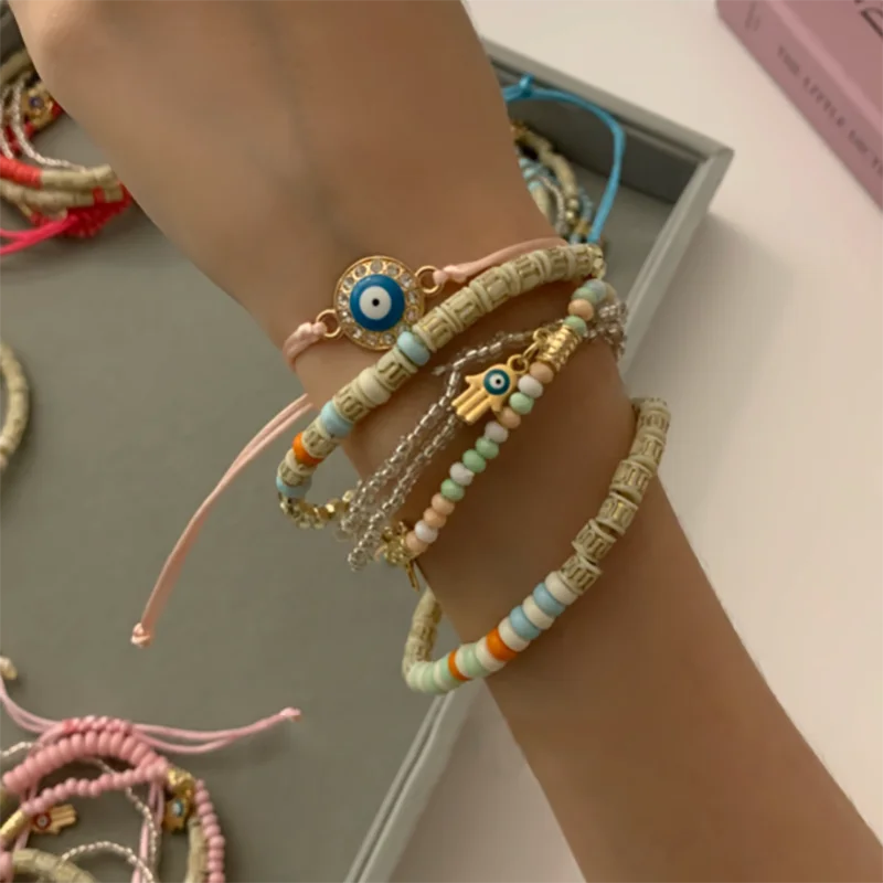 Vintage Bohemia Multilayer Elastic Beaded Bracelets Set For Women Evil Eye Beads Combination Handmade Bracelet Jewelry Gift