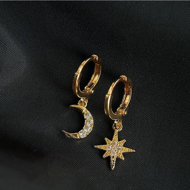 Minimalist Crystal Zirconia Stars Moon Huggie Hoop Earrings For Women Trendy Stainless Steel Circle Earrings Punk Rock Jewelry