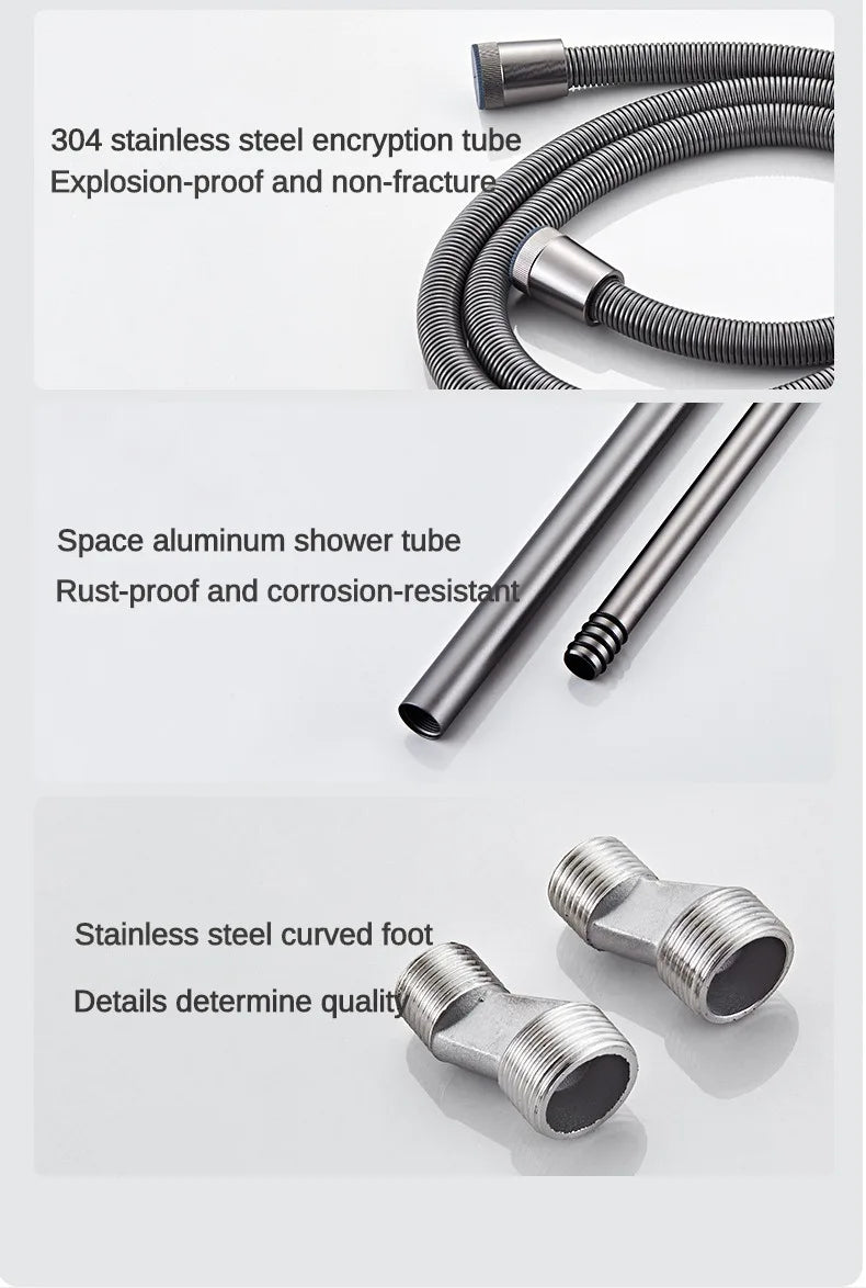 Grey Bathroom Shower Set Space Aluminum Three-function Wall Mounted Rotatable Faucets Rainfall Pressurized Shower Systerm