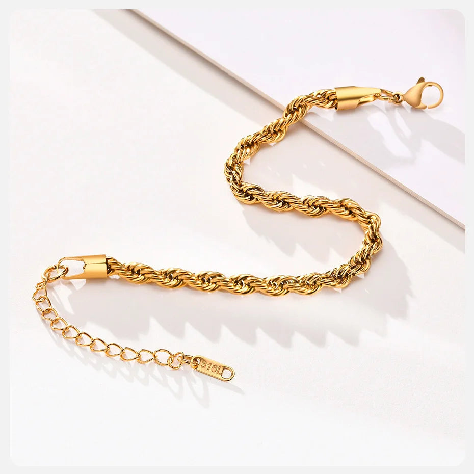 Vnox Unisex Rope Chain Bracelets for Men Women, Stainless Steel Twisted Links Chain Bracelet,Simple Classic Jewelry Gift for Him