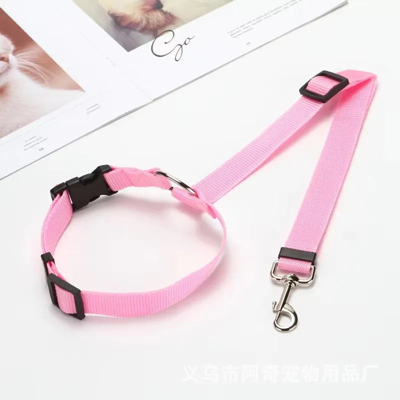Adjustable Solid Color Pet Car Seat Belt Two-in-One Nylon Lead Leash Backseat Safety Harness Collar for Dogs Pet Travel Accessor