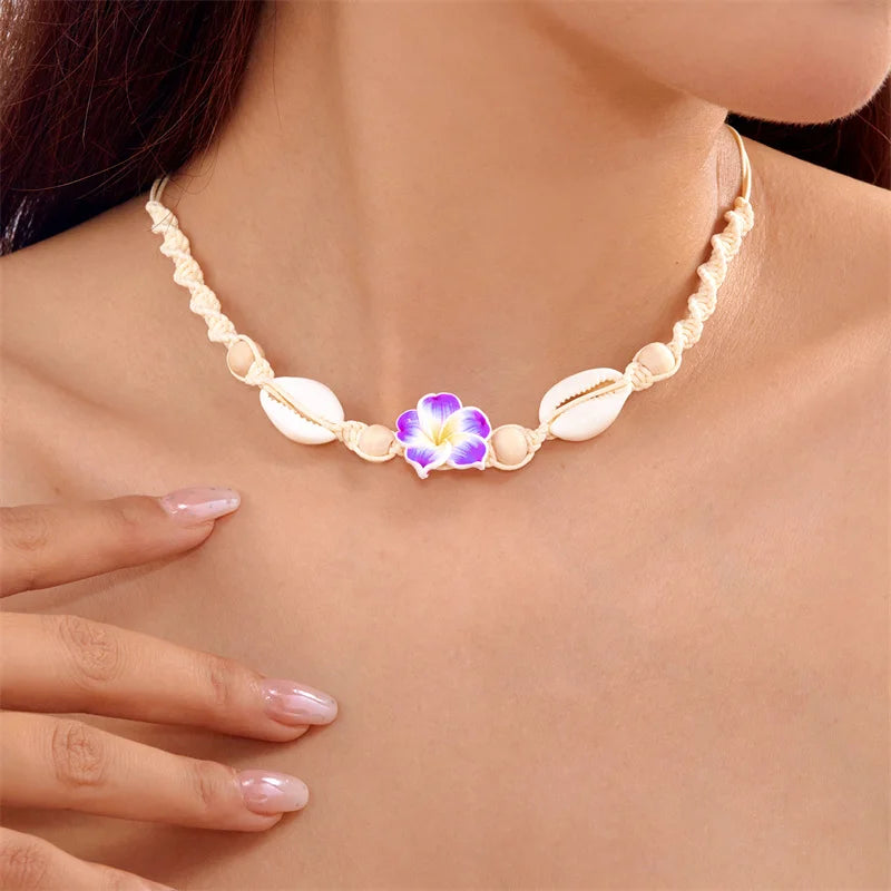 Bohemia Sea Shell Choker Necklace For Women Fashion Summer Sweet Flower Pendant Hand-woven Rope Neck Chain Jewelry Accessory