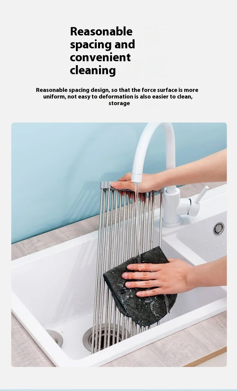 ZEXEF Roll Up Dish Drainer Shelf Stainless Steel Sink Drying Holder Foldable Food Rack Vegetable Washing Stand Kitchen Organizer
