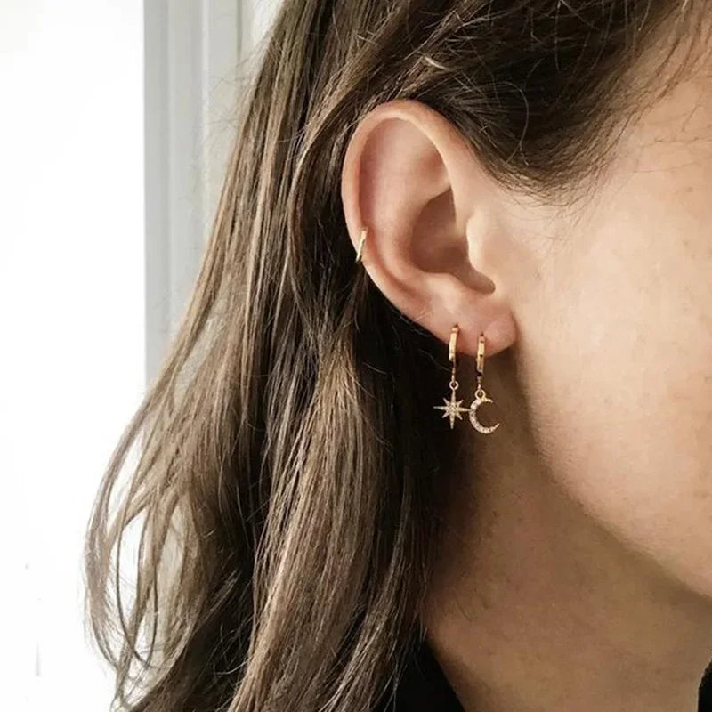 Minimalist Crystal Zirconia Stars Moon Huggie Hoop Earrings For Women Trendy Stainless Steel Circle Earrings Punk Rock Jewelry