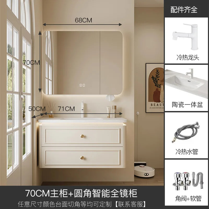 Modern Bathroom Cabinet Corian Integrated Ceramic Basin Oak Painted Cabinet French Premium Toilet Hand Wash Basin Combination