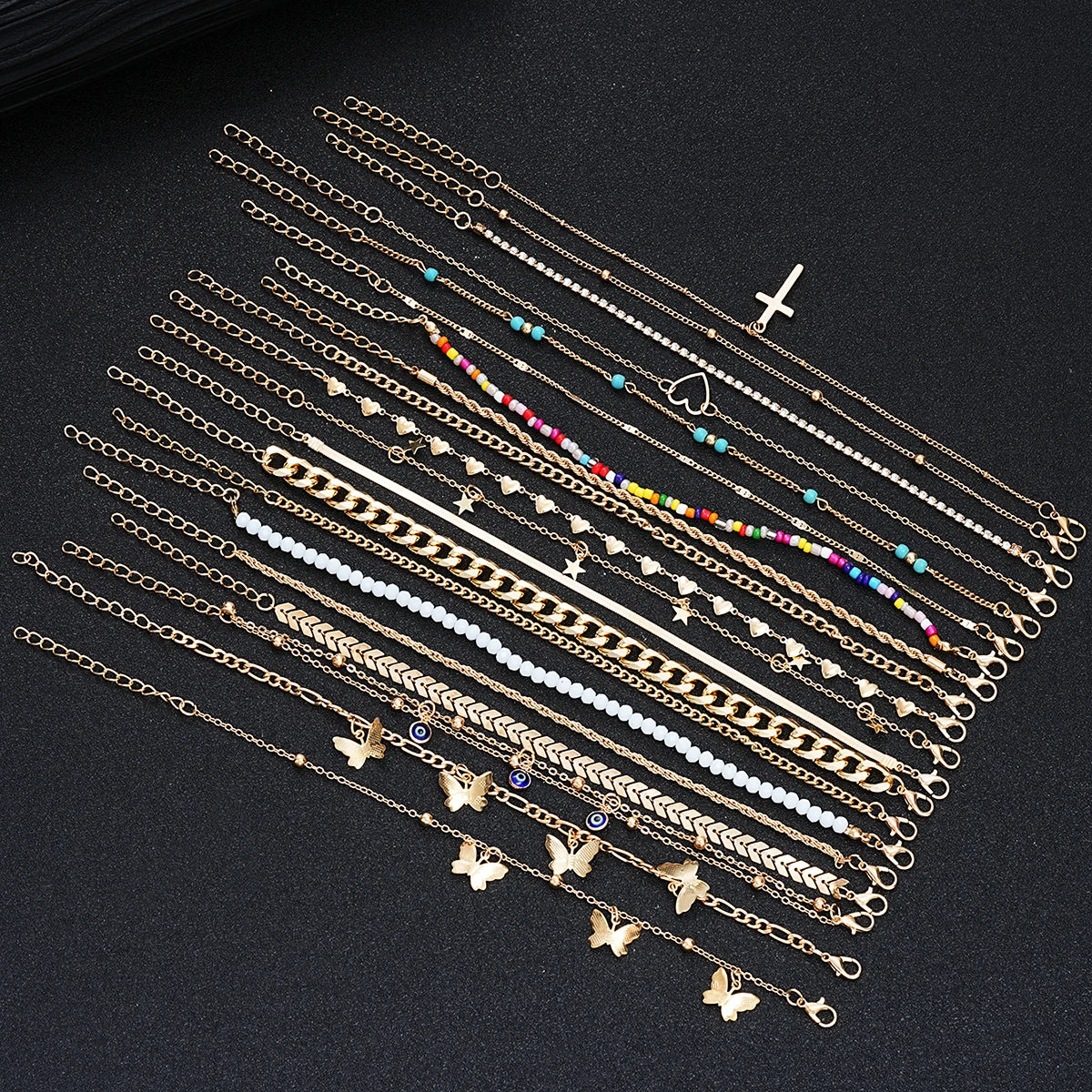 23Pcs Bohemian Summer Beach Anklet Set For Women Vintage Butterfly Heart Crystal Pendant Foot Bracelets Fashion Jewelry Gift New