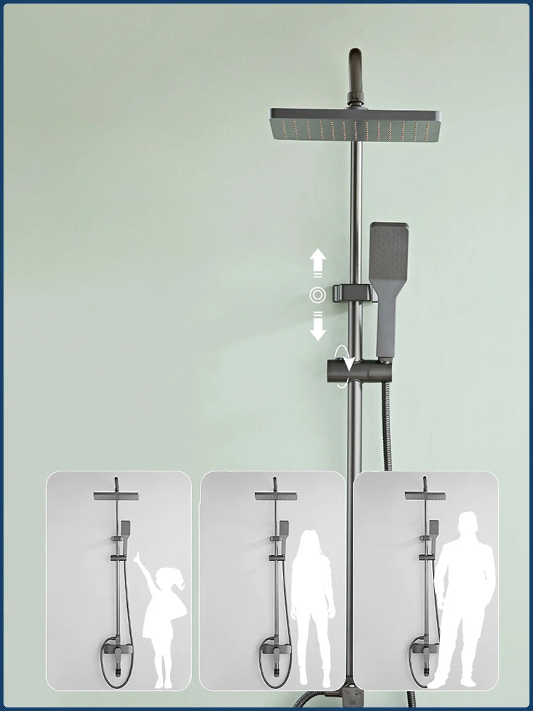 Grey Bathroom Shower Set Space Aluminum Three-function Wall Mounted Rotatable Faucets Rainfall Pressurized Shower Systerm