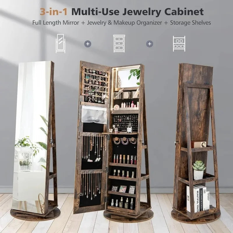 Jewelry Armoire with Full Length Mirror, 63.5" H, 360° Swivel, Rear Storage Shelves