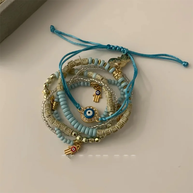 Vintage Bohemia Multilayer Elastic Beaded Bracelets Set For Women Evil Eye Beads Combination Handmade Bracelet Jewelry Gift