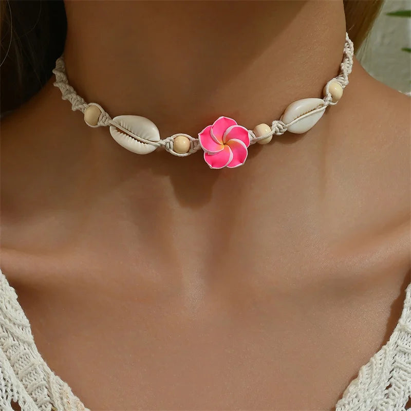 Bohemia Sea Shell Choker Necklace For Women Fashion Summer Sweet Flower Pendant Hand-woven Rope Neck Chain Jewelry Accessory