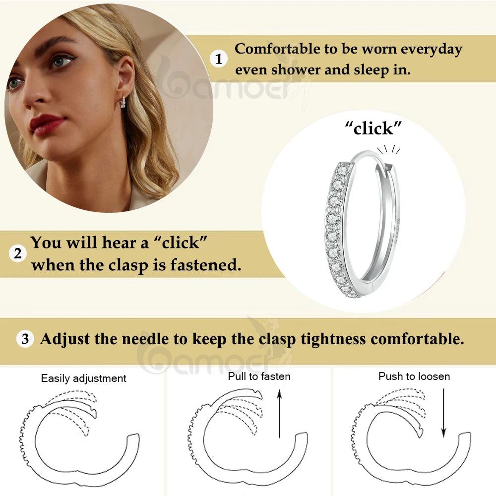BAMOER 925 Sterling Silver Classic CZ Huggie Hoop Earrings, White Gold Plated Cartilage Piercing Earrings Ear Cuff for Women