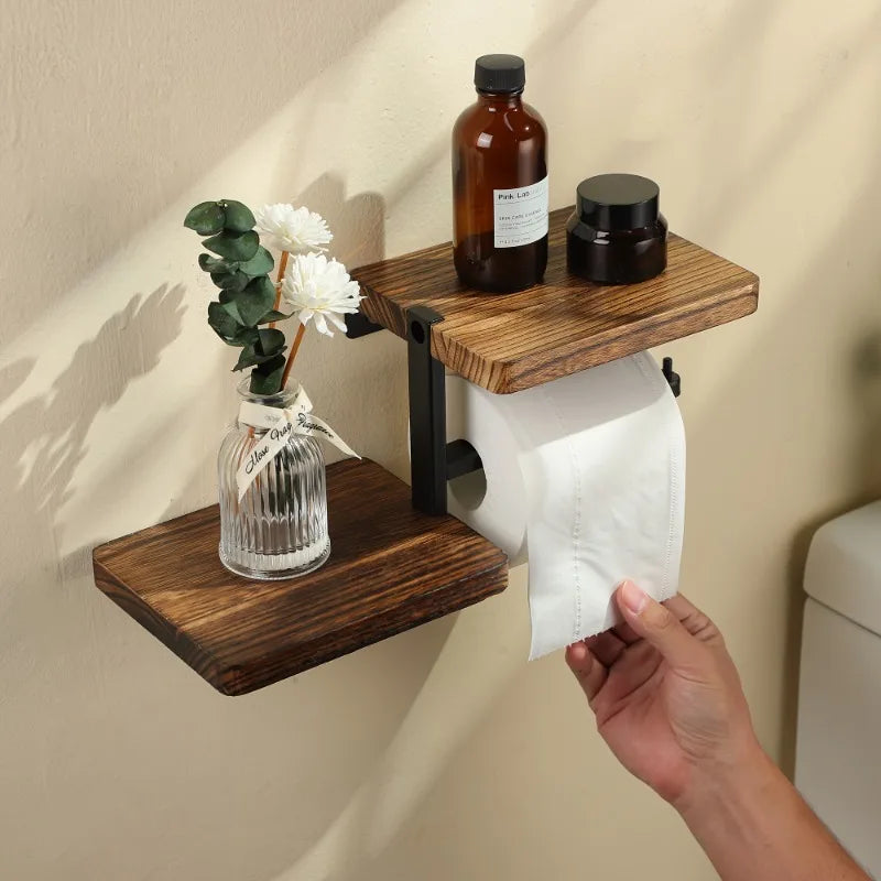 1 Wooden Wall Mounted Toilet Paper Holder Hanging Tissue Roll Dispenser, Iron Tissue Holder Bathroom Accessories