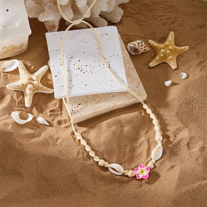 Bohemia Sea Shell Choker Necklace For Women Fashion Summer Sweet Flower Pendant Hand-woven Rope Neck Chain Jewelry Accessory