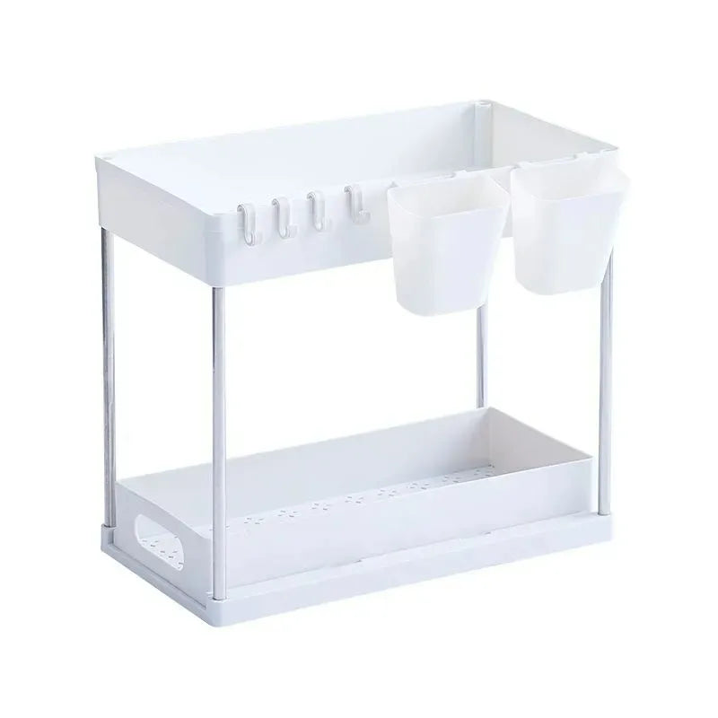 Under Sink Organizer Sliding Cabinet Basket Organizer Storage Rack with Hooks Hanging Cup Bathroom Kitchen Organizer
