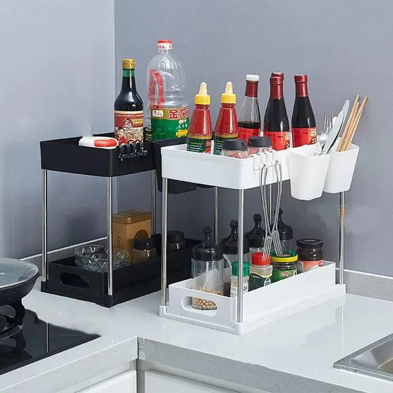 Under Sink Organizer Sliding Cabinet Basket Organizer Storage Rack with Hooks Hanging Cup Bathroom Kitchen Organizer