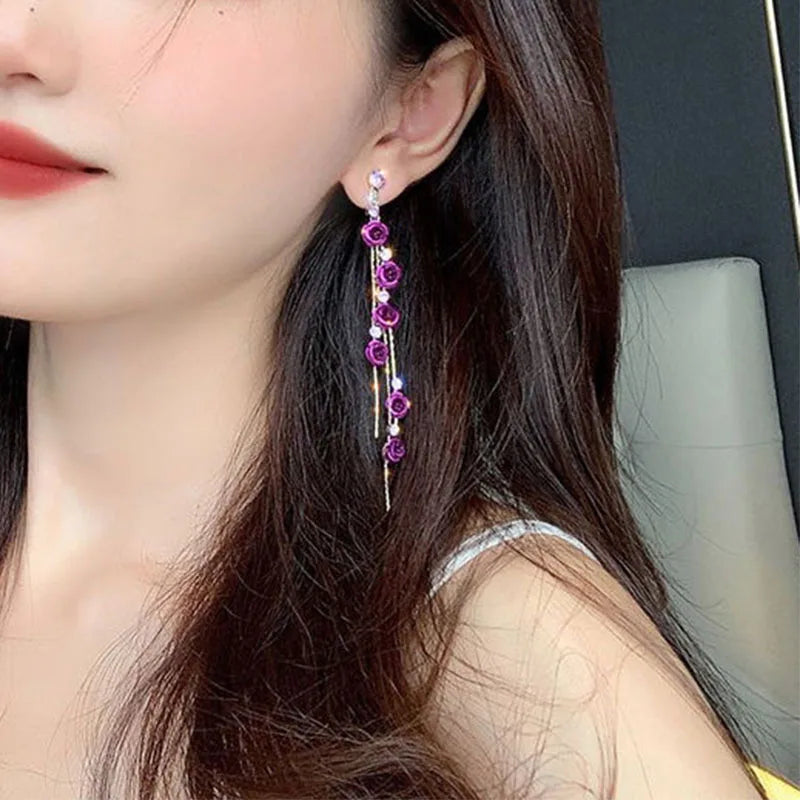 New Flower Bohemia Hanging Earrings Women Fashion Long Tassel Rhinestone Flowers Earring Female Wedding Party Jewelry Gift