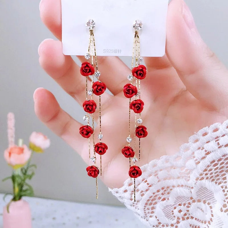 New Flower Bohemia Hanging Earrings Women Fashion Long Tassel Rhinestone Flowers Earring Female Wedding Party Jewelry Gift