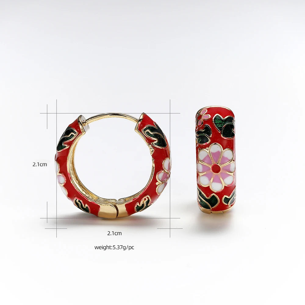 New Fashion Enamel Flower Huggie Hoop Earrings for Women Vintage Boho Circle Small Earrings Statement Jewelry 2022 Brincos Gifts