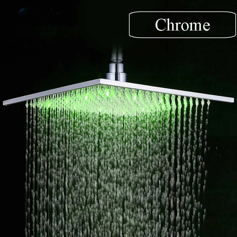 Luxury Brushed Nickel LED 16" Rainfall Shower Head Stainless Steel Square Color Changing Lights Showerhead