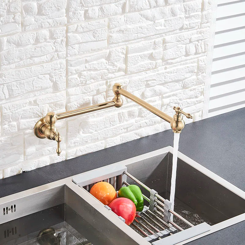 Senlesen Brushed Gold Foldable Kitchen Faucet Wall Mounted Single Cold Water Faucet Brass Rotate Folding Spout Pot Filler Tap