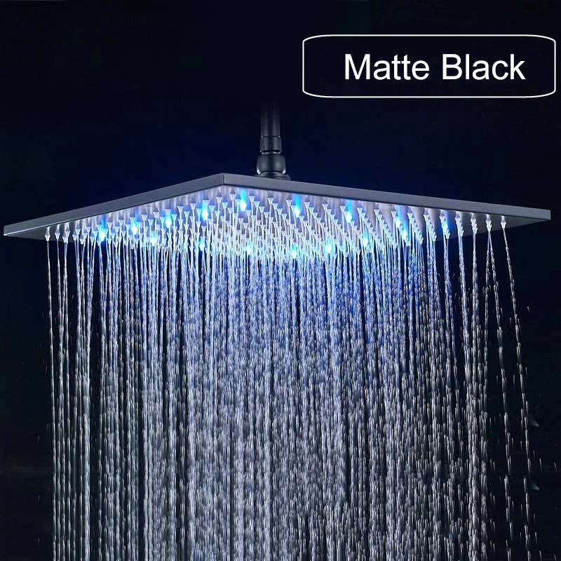 Luxury Brushed Nickel LED 16" Rainfall Shower Head Stainless Steel Square Color Changing Lights Showerhead
