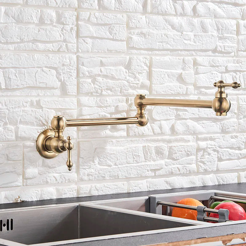Senlesen Brushed Gold Foldable Kitchen Faucet Wall Mounted Single Cold Water Faucet Brass Rotate Folding Spout Pot Filler Tap