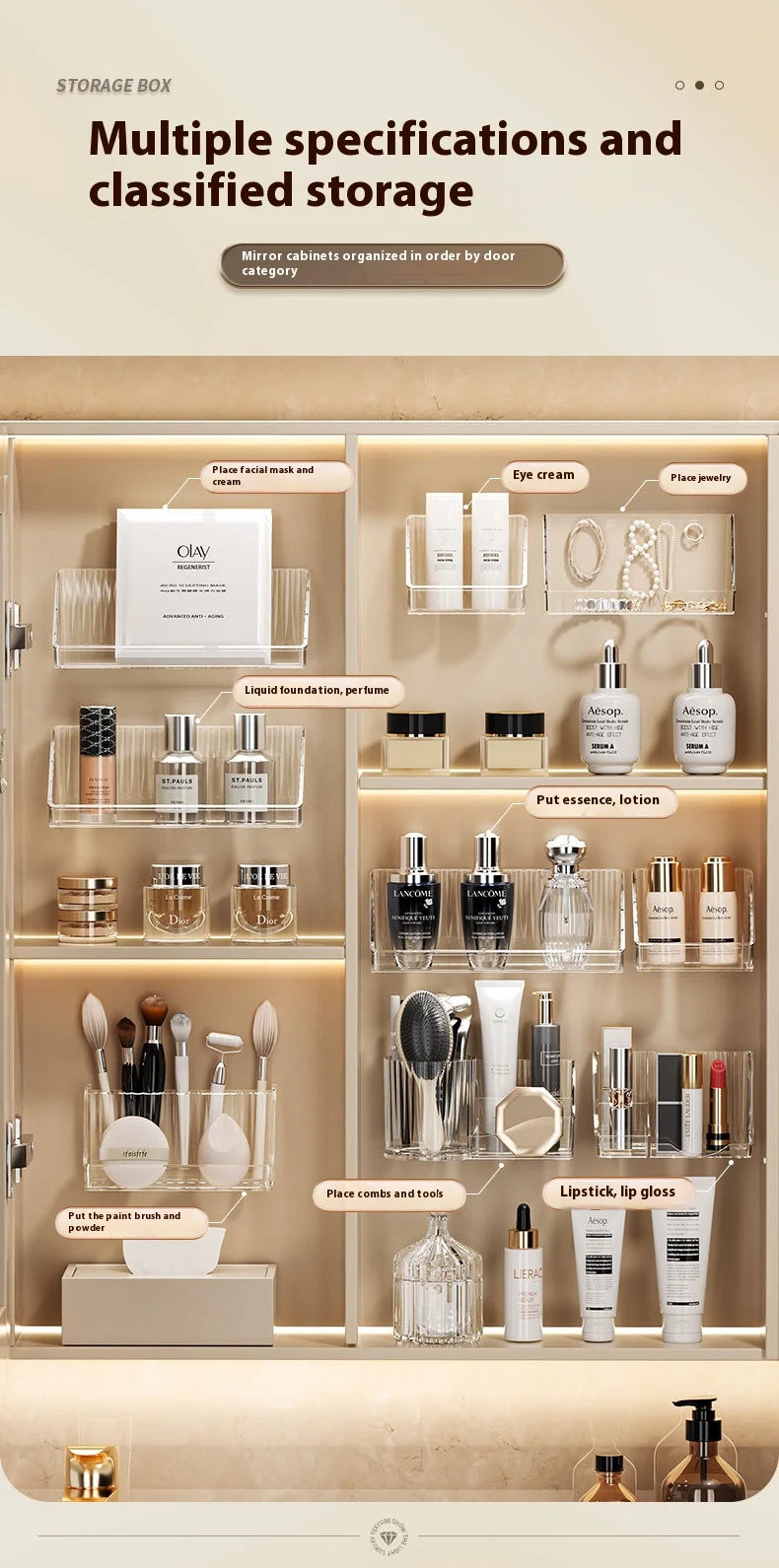Mirror cabinet storage box bathroom cabinet wall mounted transparent slanted shelf cosmetics lipstick jewelry sorting box