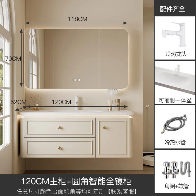 Modern Bathroom Cabinet Corian Integrated Ceramic Basin Oak Painted Cabinet French Premium Toilet Hand Wash Basin Combination