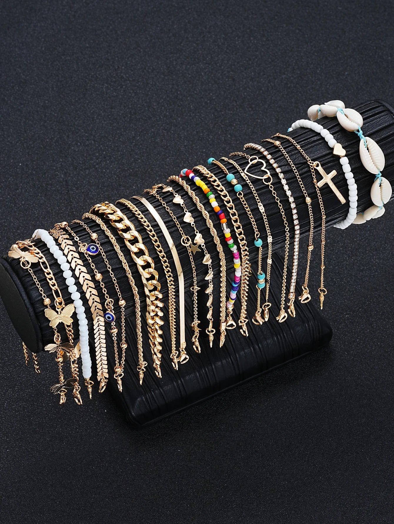 23Pcs Bohemian Summer Beach Anklet Set For Women Vintage Butterfly Heart Crystal Pendant Foot Bracelets Fashion Jewelry Gift New
