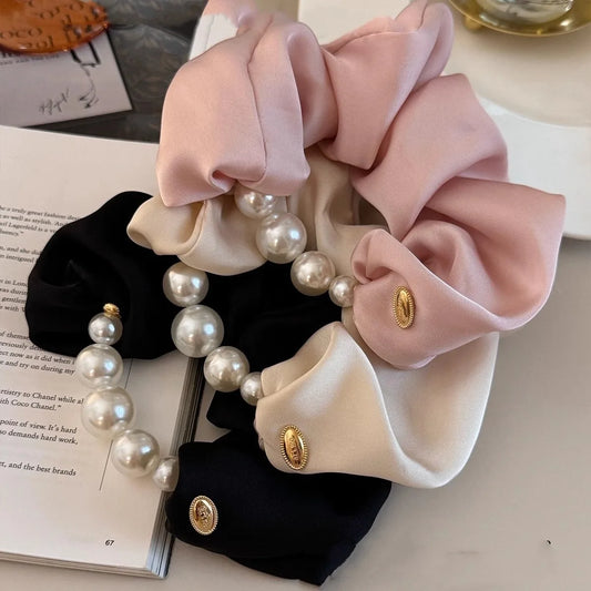 Women Pearl Ornament Satin Hair Scrunchies Elegant Solid Color Hair Tie Elastic Head Band Korean Style Ponytail Hair Accessories