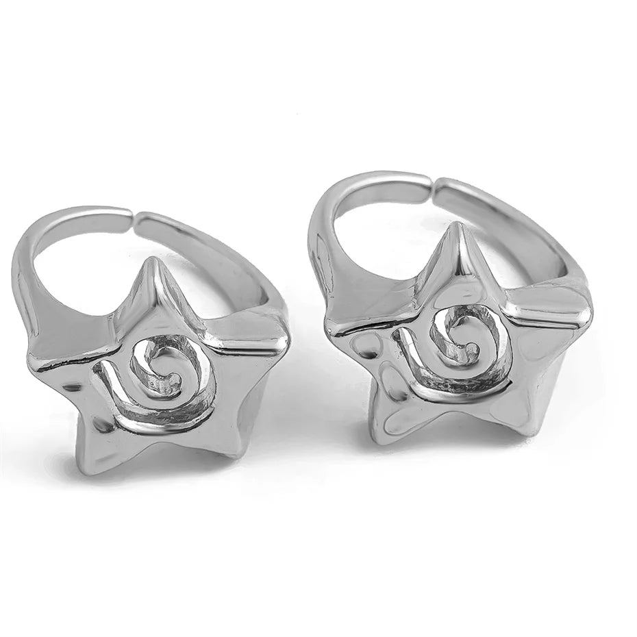 Ingemark 2Pcs/Set Vintage Punk Irregular Hollow Star Metal Open Rings for Women Gothic Adjustable Couple Rings Y2K Wed Jewelry