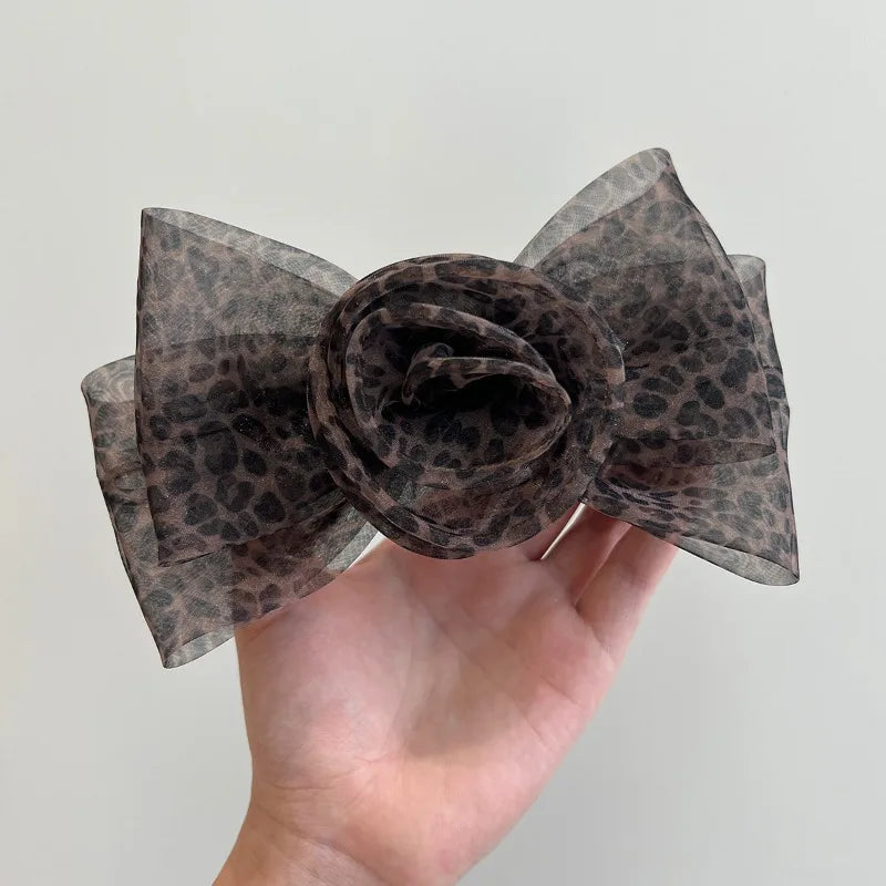 Elegant Mesh Rose Flower Hair Clips for Women Bow Leopard Print Spring Clip Ponytail Holder Barrette Fashion Hair Accessories