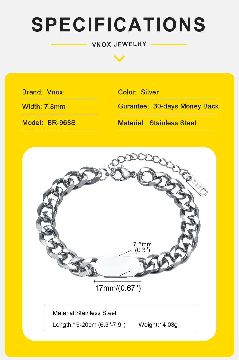Vnox Mens Womens Cuban Chain Bracelets, 7.5mm Stainless Steel links Wristband, Adjustable Simple Personality Jewelry