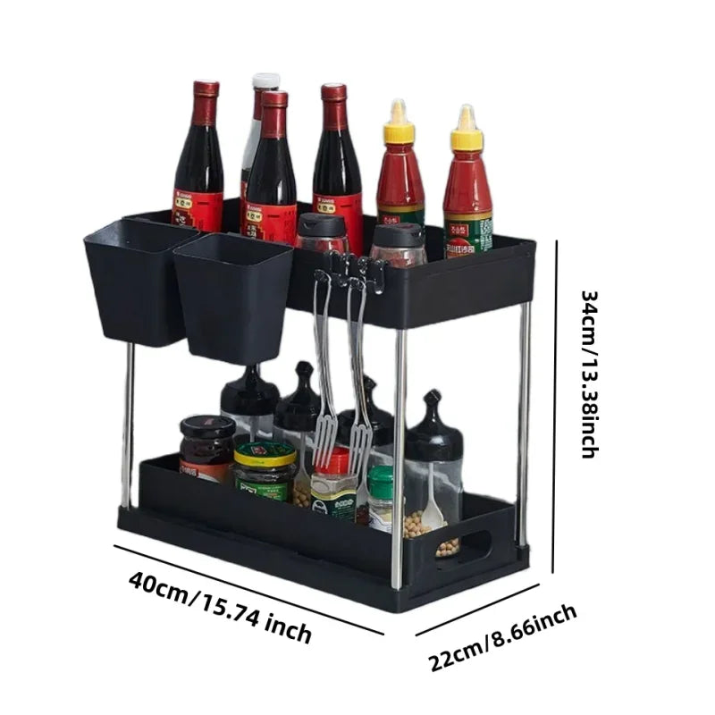 Under Sink Organizer Sliding Cabinet Basket Organizer Storage Rack with Hooks Hanging Cup Bathroom Kitchen Organizer