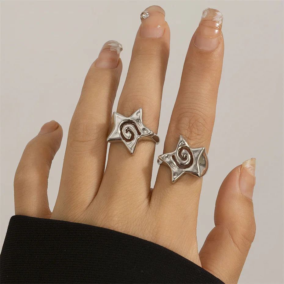 Ingemark 2Pcs/Set Vintage Punk Irregular Hollow Star Metal Open Rings for Women Gothic Adjustable Couple Rings Y2K Wed Jewelry