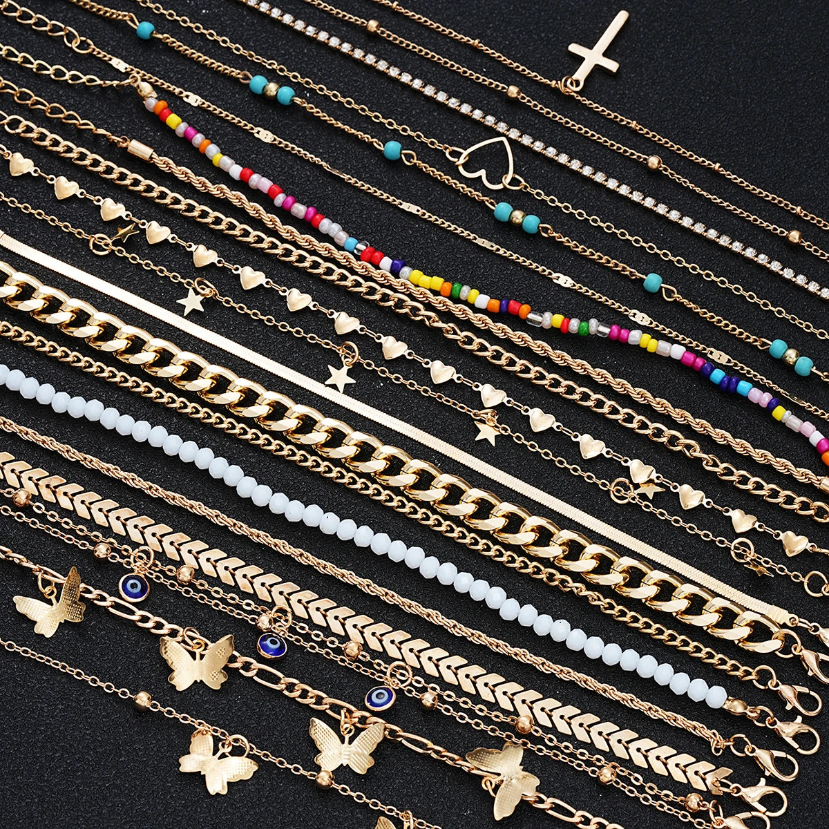 23Pcs Bohemian Summer Beach Anklet Set For Women Vintage Butterfly Heart Crystal Pendant Foot Bracelets Fashion Jewelry Gift New