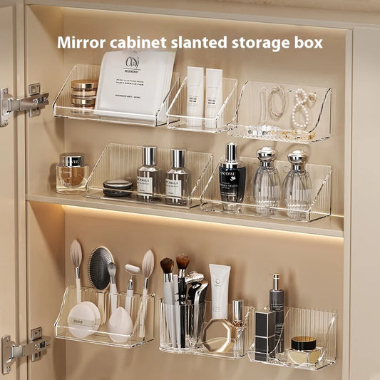Mirror cabinet storage box bathroom cabinet wall mounted transparent slanted shelf cosmetics lipstick jewelry sorting box