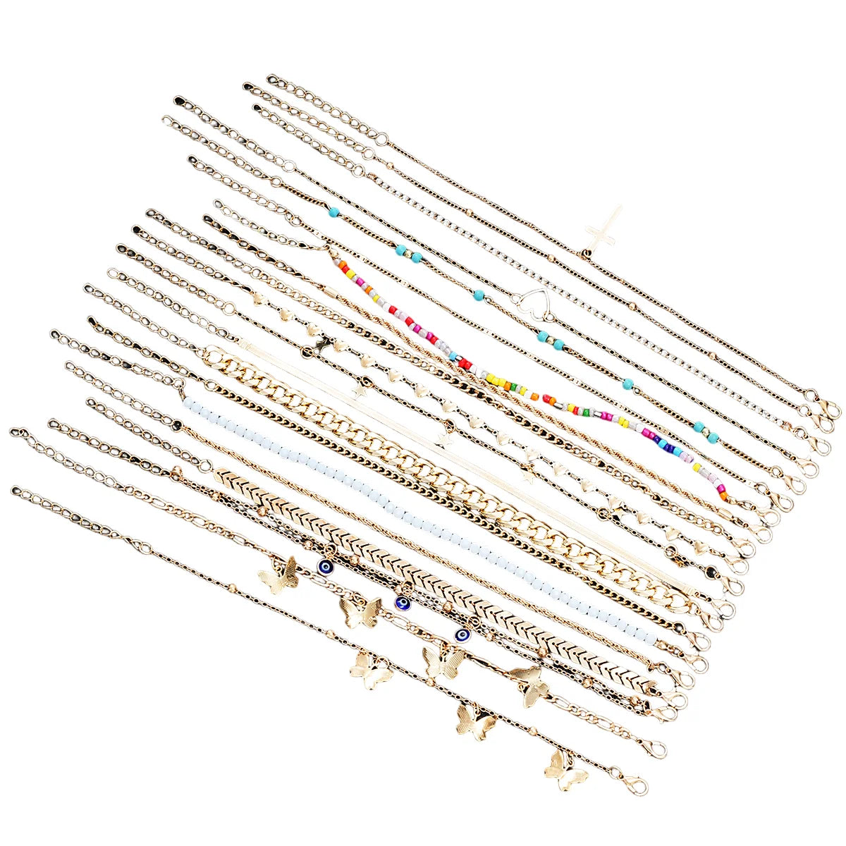 23Pcs Bohemian Summer Beach Anklet Set For Women Vintage Butterfly Heart Crystal Pendant Foot Bracelets Fashion Jewelry Gift New