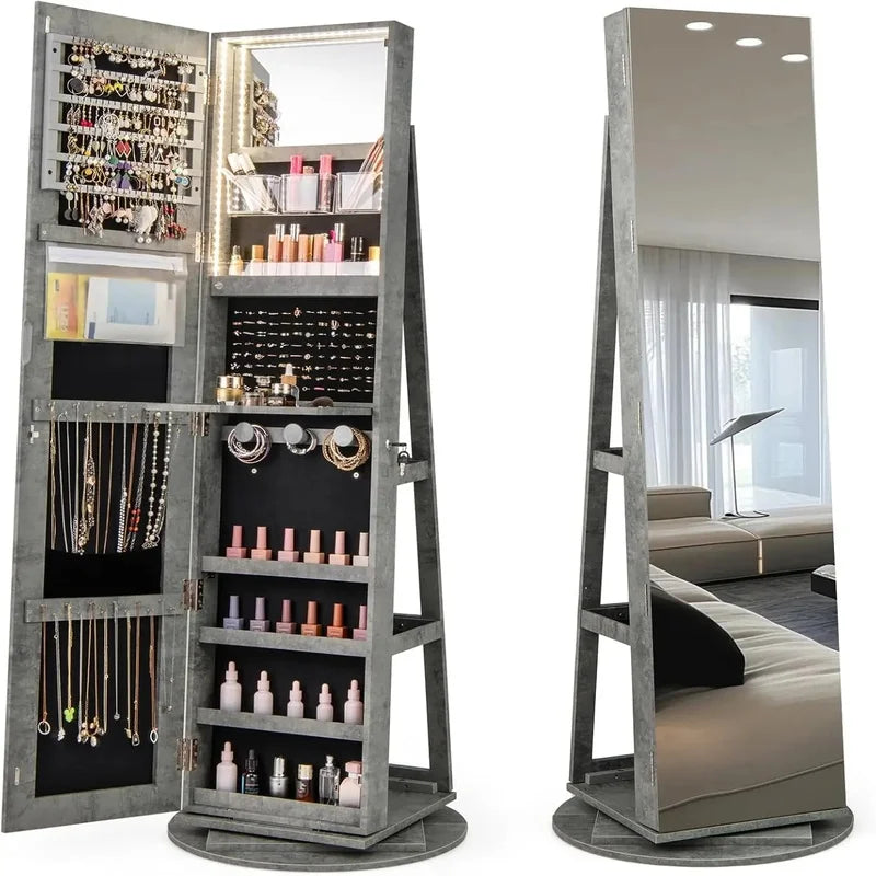 Jewelry Armoire with Full Length Mirror, 63.5" H, 360° Swivel, Rear Storage Shelves