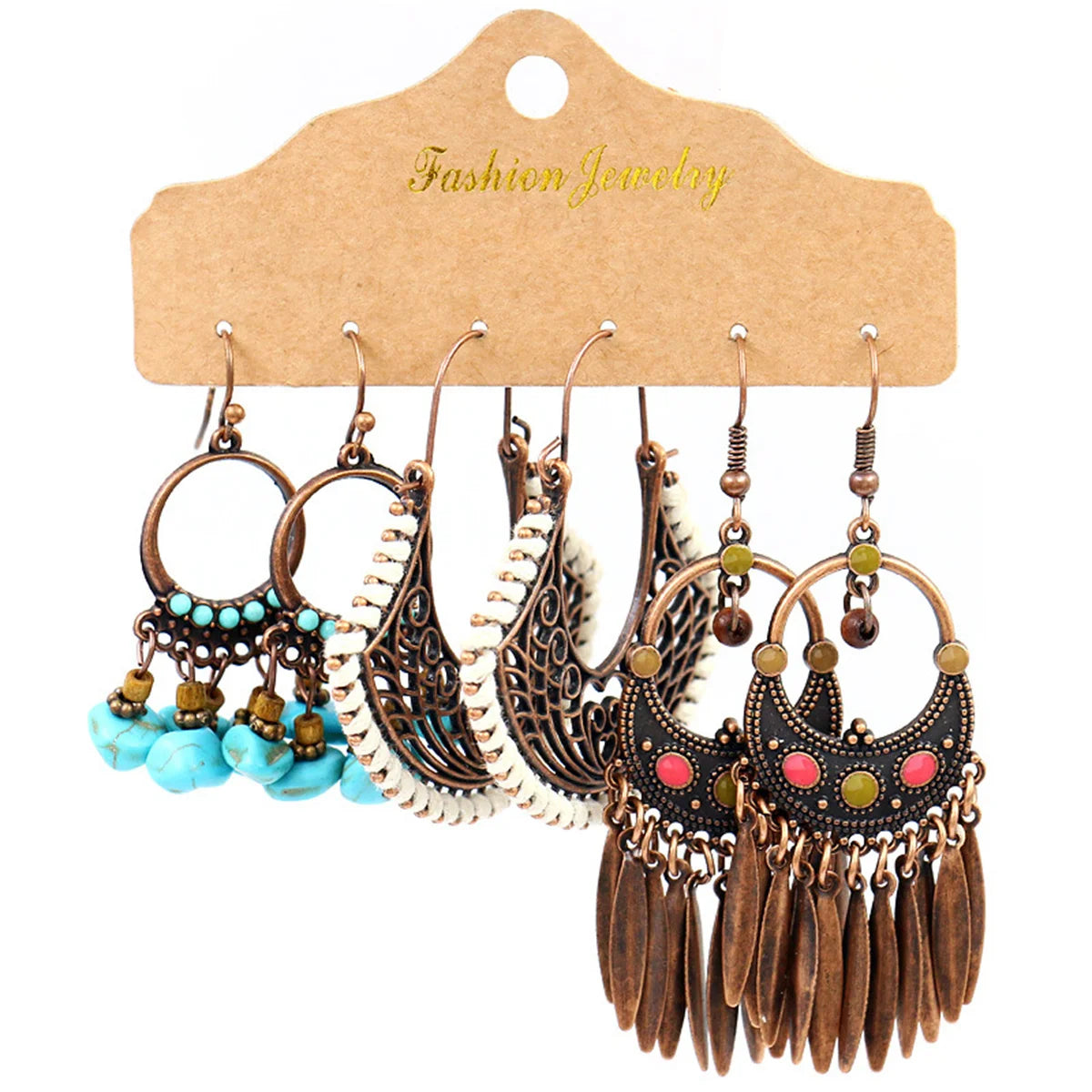 Boho Ethnic Vintage Geometric Earrings Set For Women Fashion Hollow Metal Waterdrop Round Leaf Tassel Drop Earring Party Jewelry