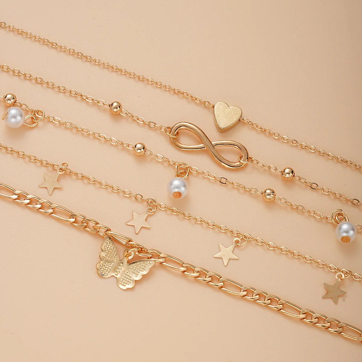 5Pcs Retro Multilayer Tassel Anklet Set for Women Bohemia Vintage Pearl Butterfly Star Heart Pendant Foot Bracelet Beach Jewelry