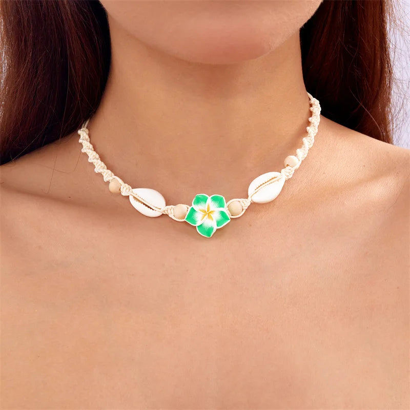 Bohemia Sea Shell Choker Necklace For Women Fashion Summer Sweet Flower Pendant Hand-woven Rope Neck Chain Jewelry Accessory
